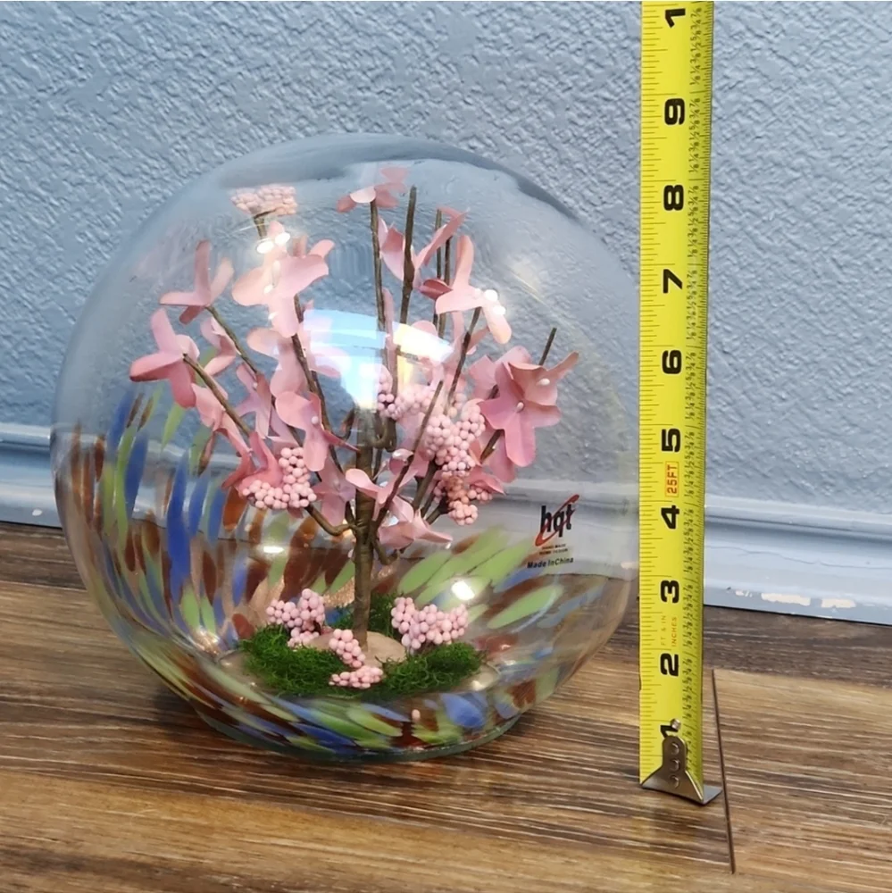 Cherry Blossom ? Pink Flowers Glass Globe Terrarium Blue Green Orange Spots